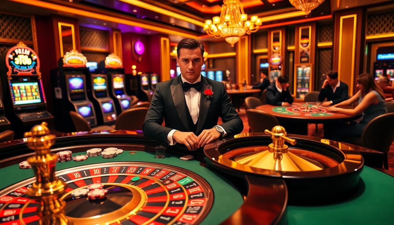 Experience thrilling gambling action at https://rr88.pizza/ with vibrant casino tables, cards, and excited players.