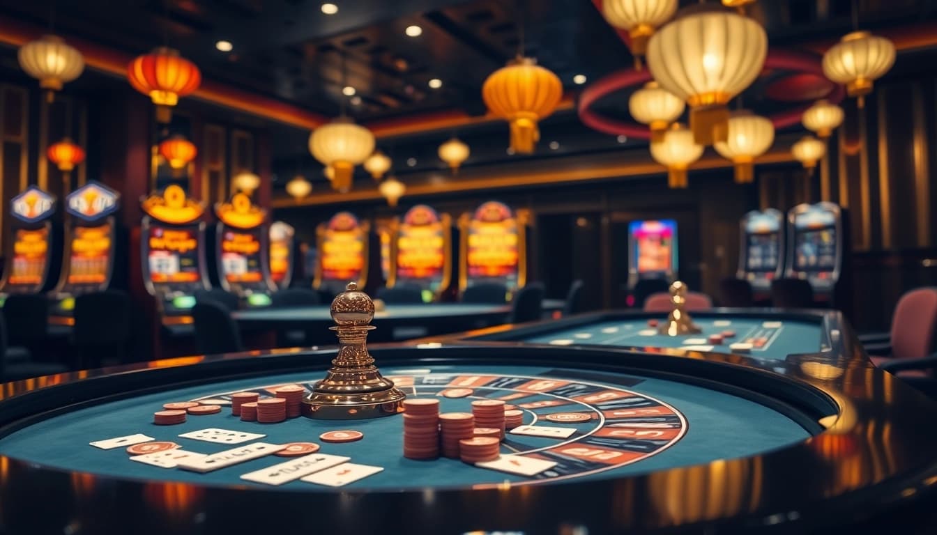 Experience the thrill of hhkungfu-inspired gambling in a luxurious casino setting with vibrant roulette tables.