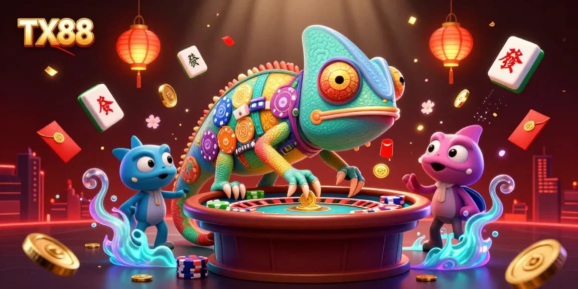Engage with TX88 chameleon casino owner snatching golden coins in a lively gambling scene.
