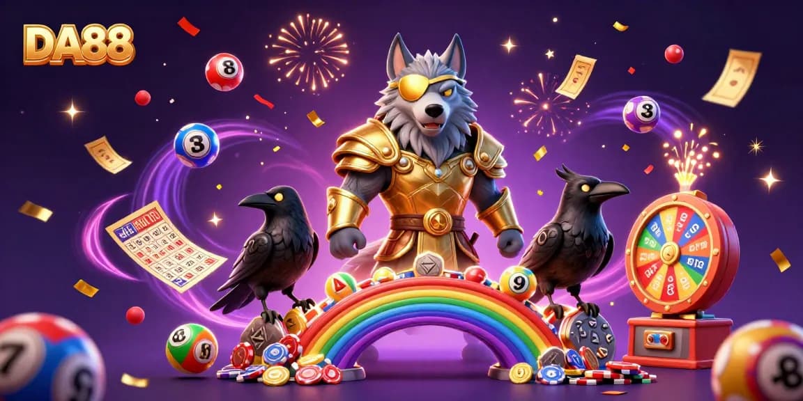 Experience the thrill of DA88 with Norse mythology-inspired characters amidst vibrant lottery elements.