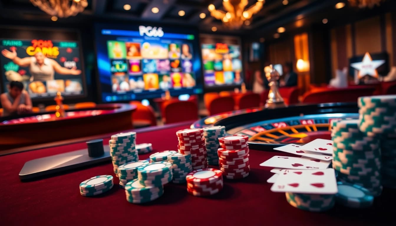 Experience the thrilling game action at PG66 Casino with vibrant poker chips and roulette.