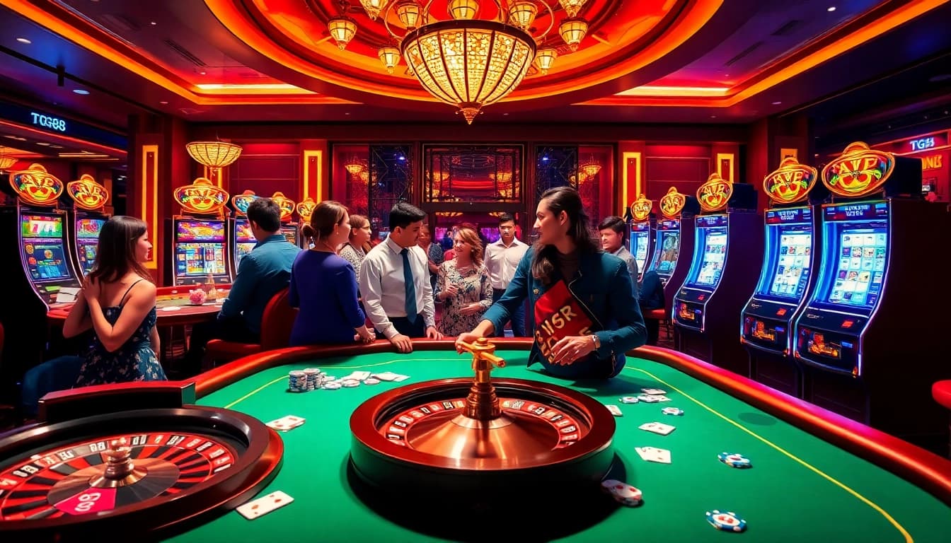 Immersive casino experience showcasing TG88 with excited players at a roulette wheel and poker table.