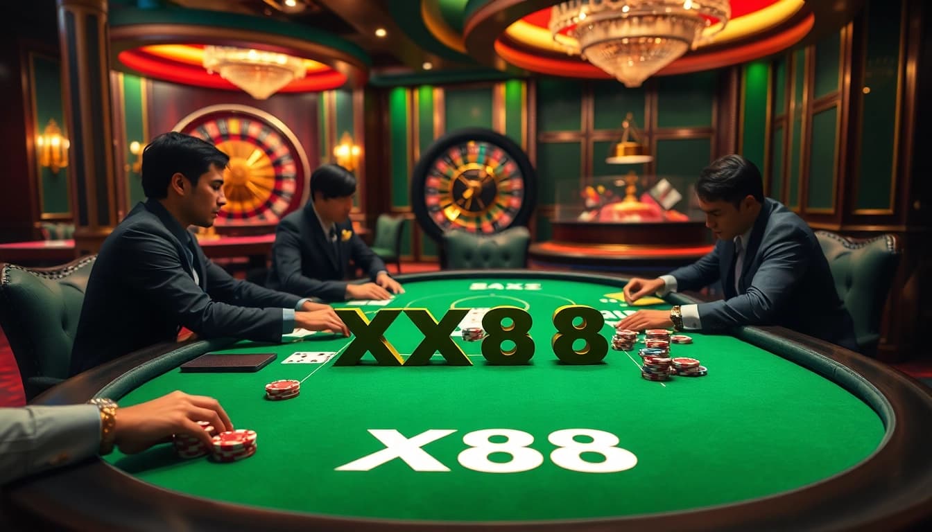 Players in a luxury casino playing poker at a table featuring XX88-themed colors and chips.