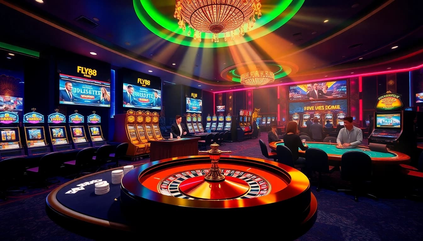 Experience the excitement at FLY88 with vibrant tables, poker chips, and modern online gaming.