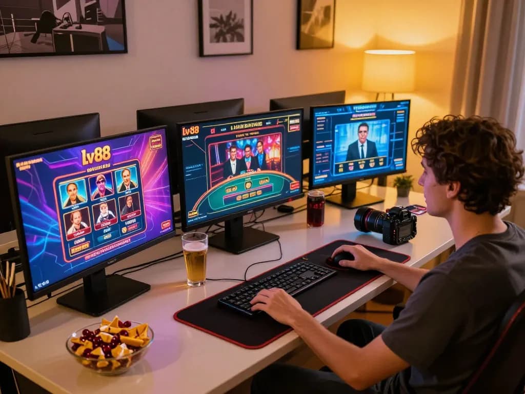 Player enjoying online lv88 casino games at a modern gaming setup with multiple screens.
