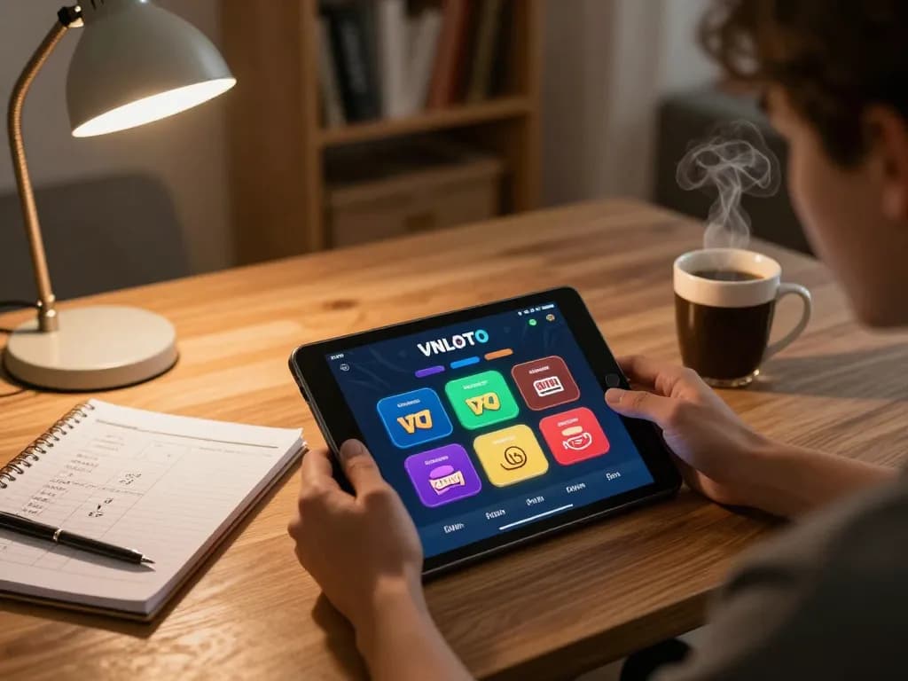 Engaging with the VNLOTO casino app on a tablet, showcasing online gambling experience.