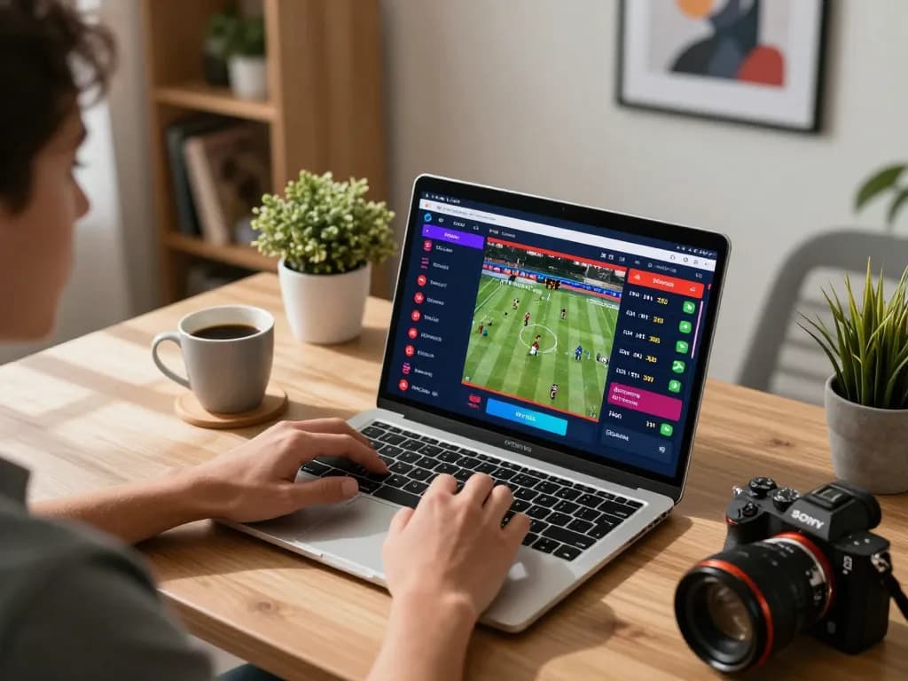 Engaging online betting session showcasing nhandinhkeonhacai in a stylish home office with vibrant betting odds displayed.