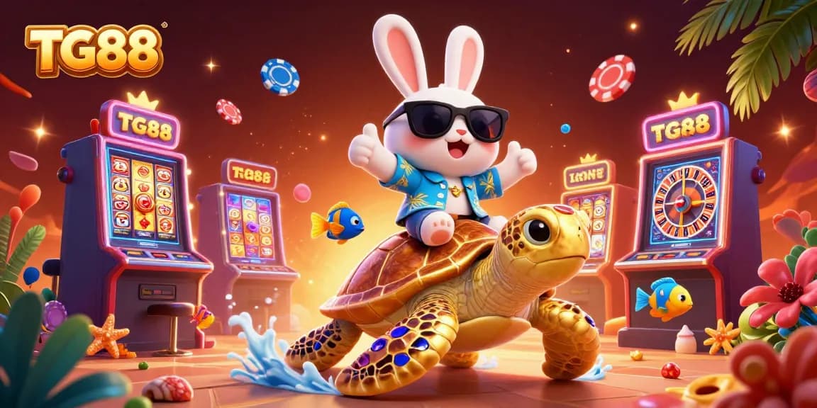 Experience exciting gaming with TG88's cartoon lucky rabbit and golden sea turtle amidst vibrant casino elements.