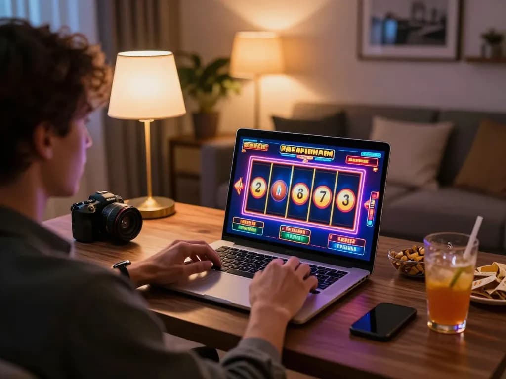Excited player engaging with HELLO88 slot machine game on laptop in a cozy home setting.