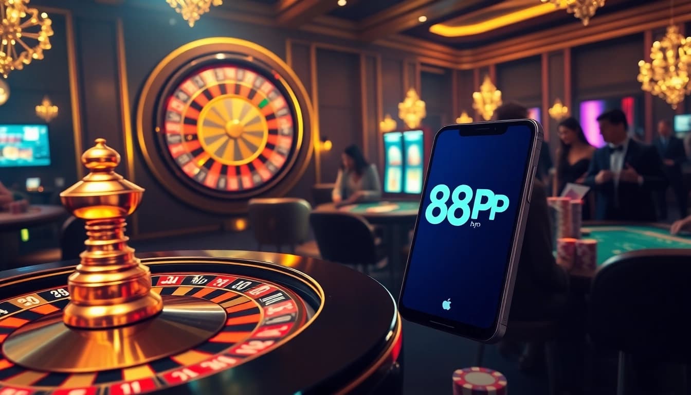 Players engaging in thrilling games at 888P casino, featuring poker chips and roulette wheel.