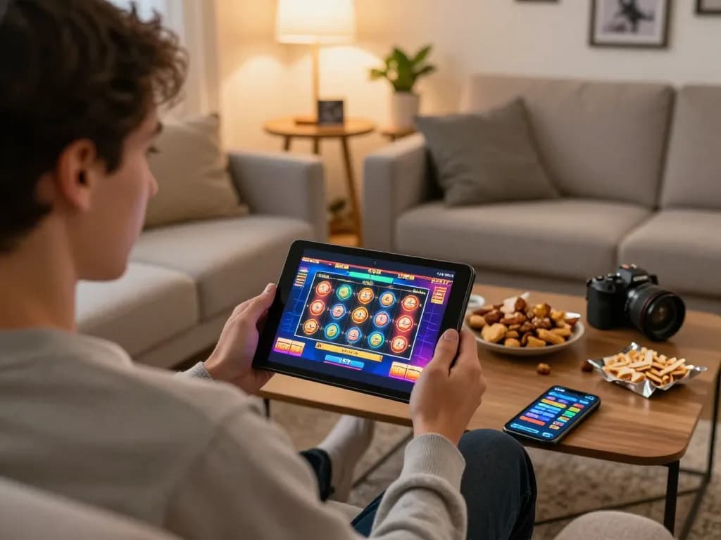 Engaging in online slots at home with 78wintl on a tablet while enjoying snacks.