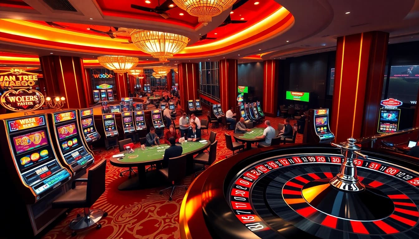 W88 casino scene with players at poker tables, vibrant slot machines, and a roulette wheel.