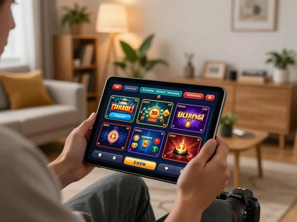 Engaging online gambling setup with person playing on tablet showcasing nhacaiuytinn gaming options in a cozy environment.