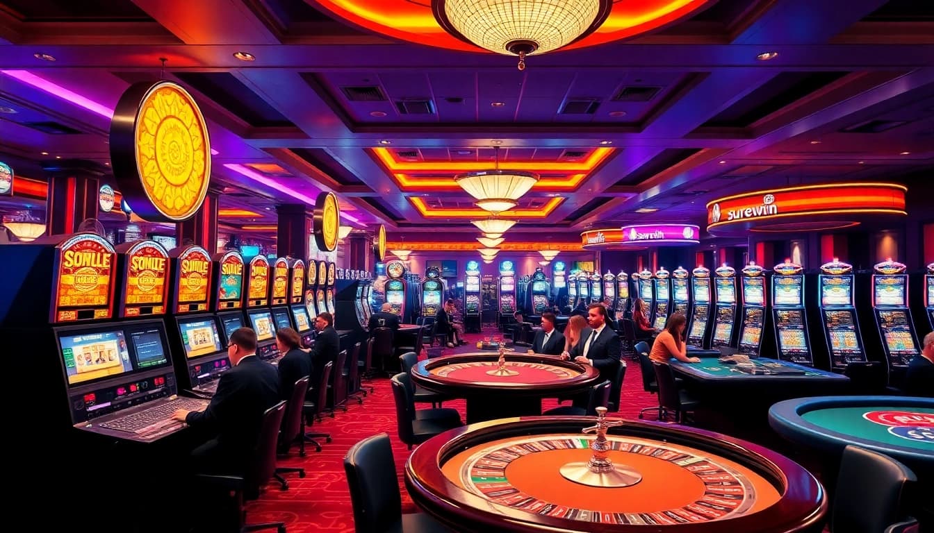Players celebrating a winning moment at the surewin casino with vibrant roulette tables and slot machines.