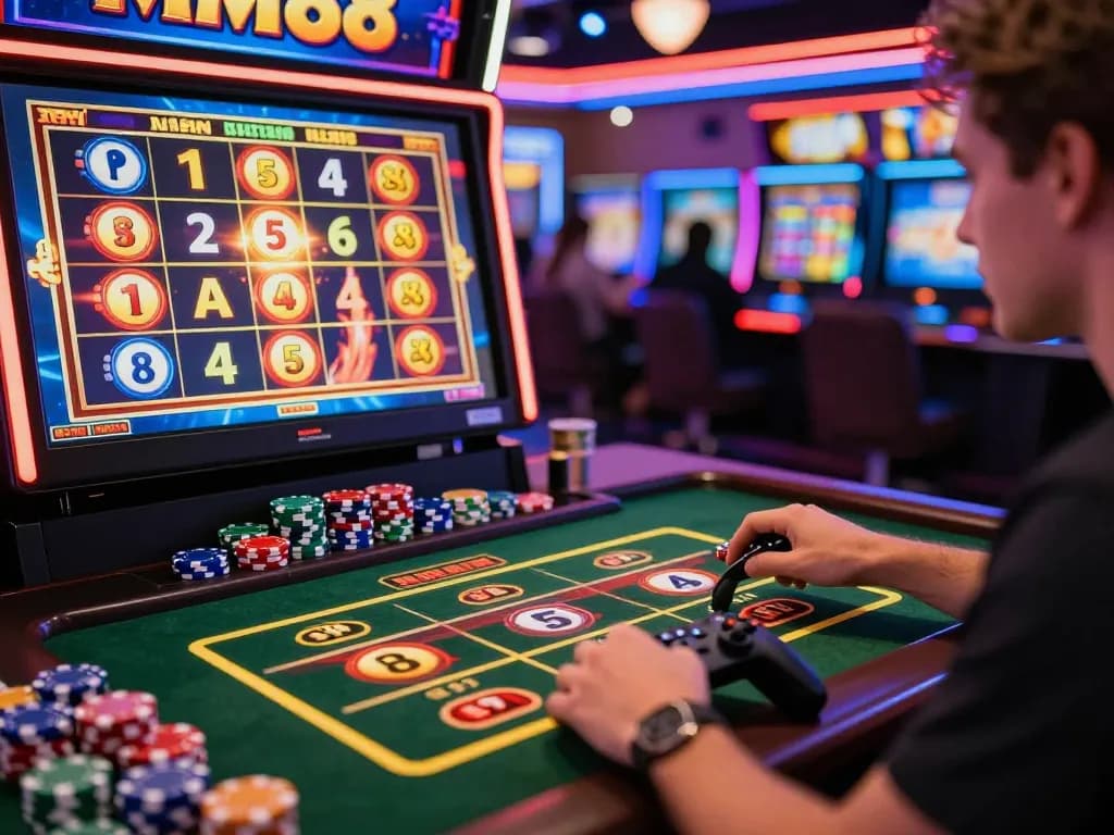 Exciting online gaming scene featuring MM88 slots with vibrant colors and a player celebrating a win.