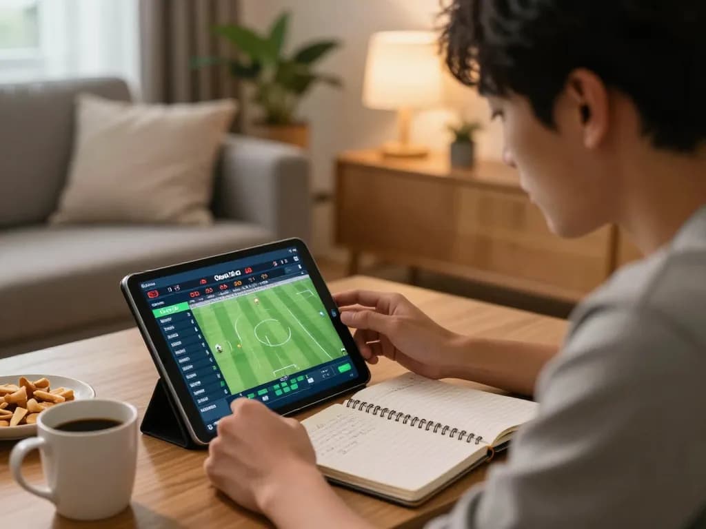 Betting enthusiast analyzing Keo nha cai 5 odds on a tablet, highlighting strategic gaming.