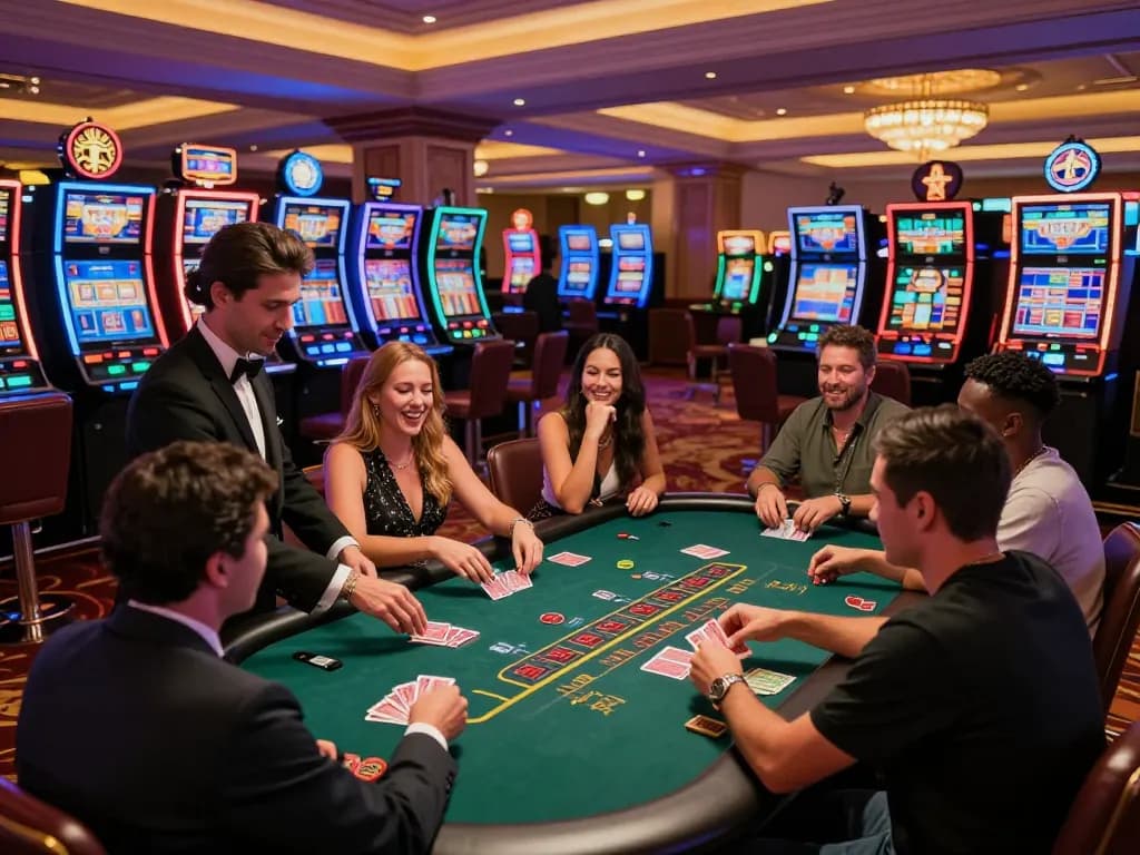 Players enjoying strategic gameplay at nk88 blackjack table in upscale casino, vibrant atmosphere.