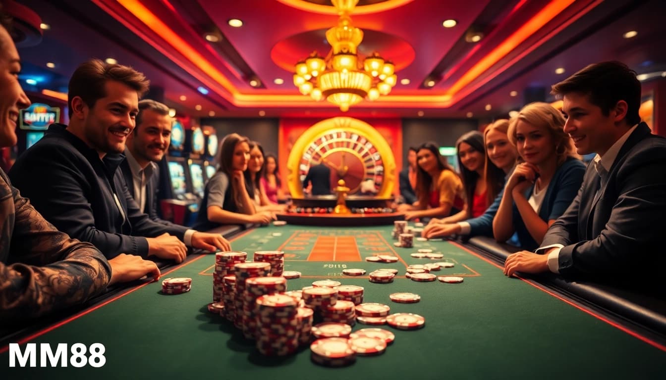 Play poker with MM88 in a luxurious casino setting filled with vibrant excitement.