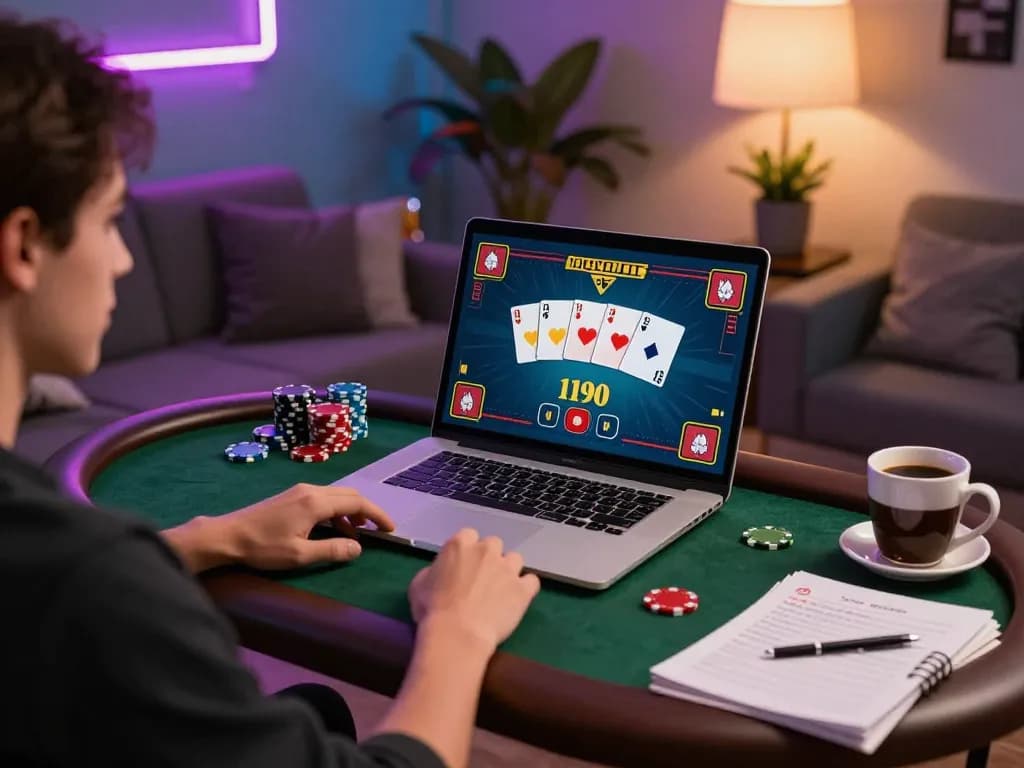 SIN88 player strategizing in immersive online poker session with vibrant laptop display