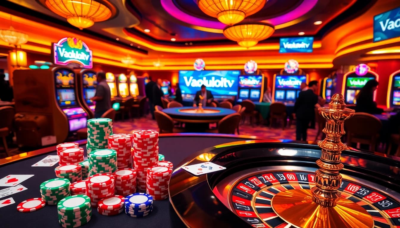 Vaoluoitv players enjoying an exciting casino environment with roulette and poker tables.
