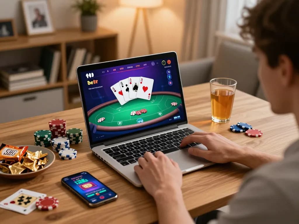 Engaged player at home enjoying KO66 online poker game with strategic betting.
