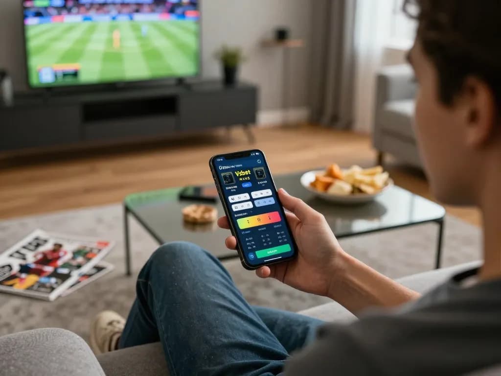 Engaged user placing a bet on Vsbet app while watching live sports at home, showcasing strategic decision-making.