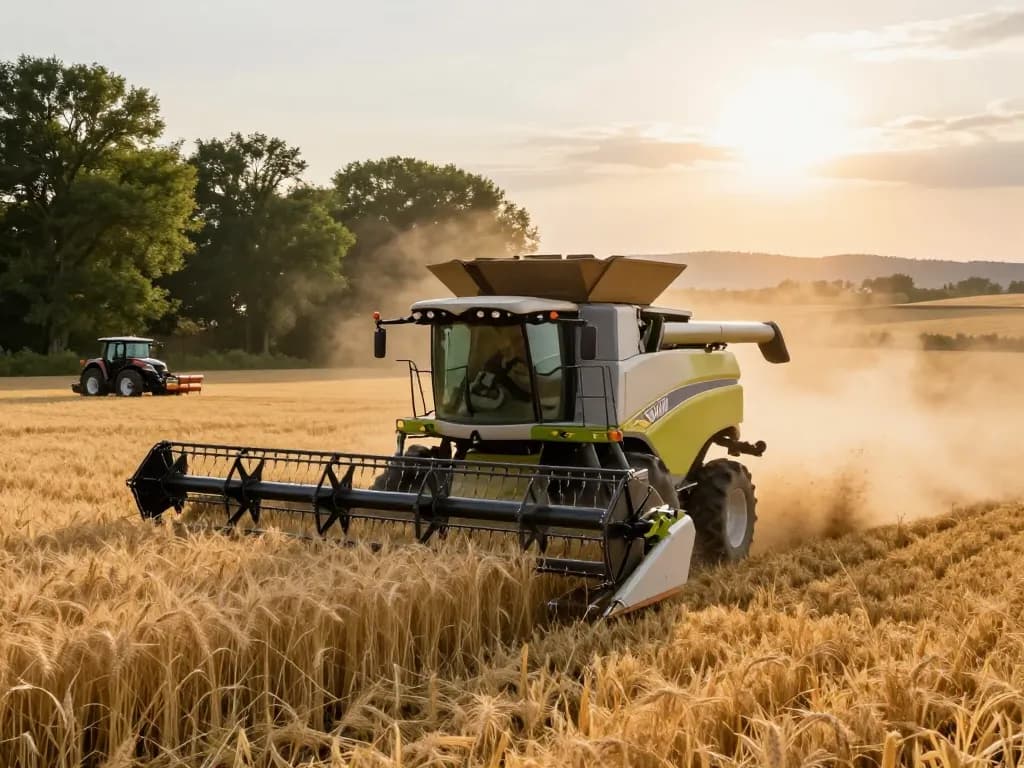 New Holland TR88 combine harvester working in golden wheat fields during sunset, showcasing agricultural productivity.