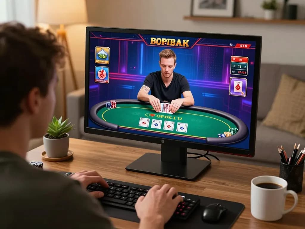 RR88 player analyzing poker game strategy on laptop in cozy home environment