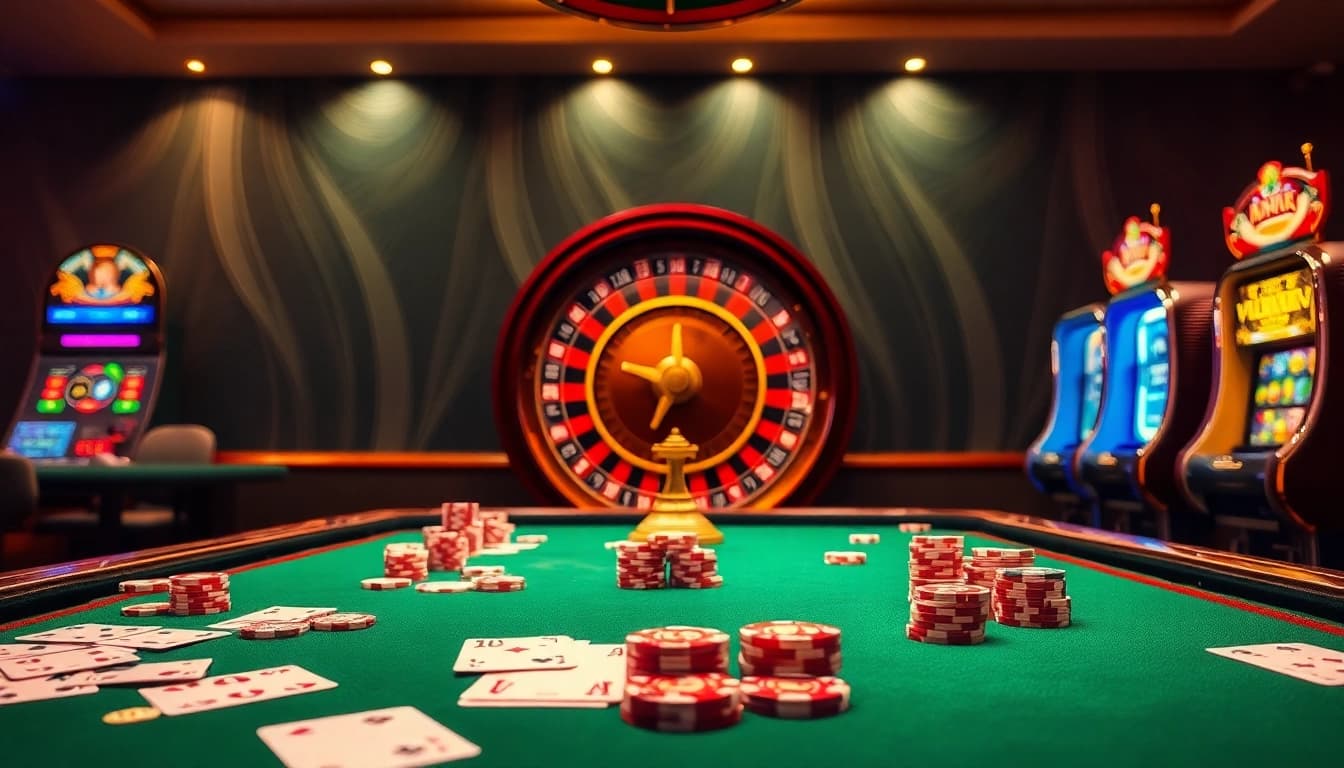 HU 88 gaming action at a luxurious casino with cards and chips on the table.