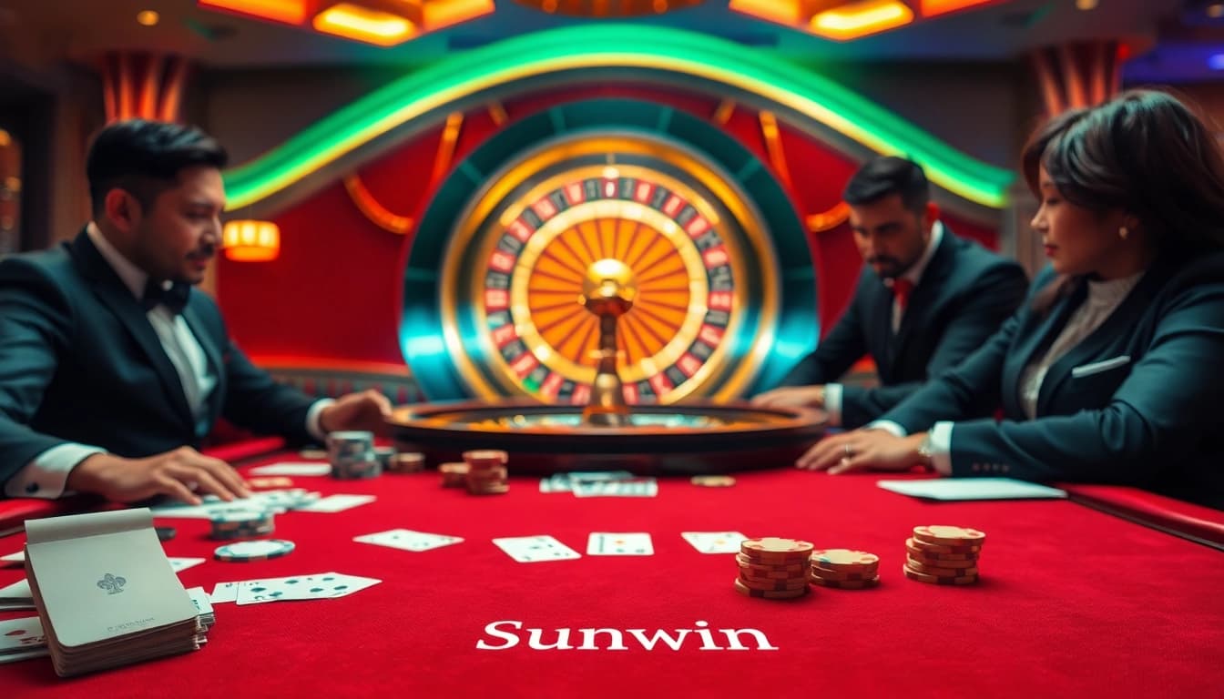 Sunwin players enjoying an exciting game at a luxurious casino table with chips and cards.