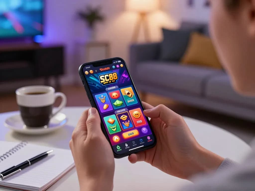 Engaging with SC88 BET casino app on smartphone in a cozy home setting.