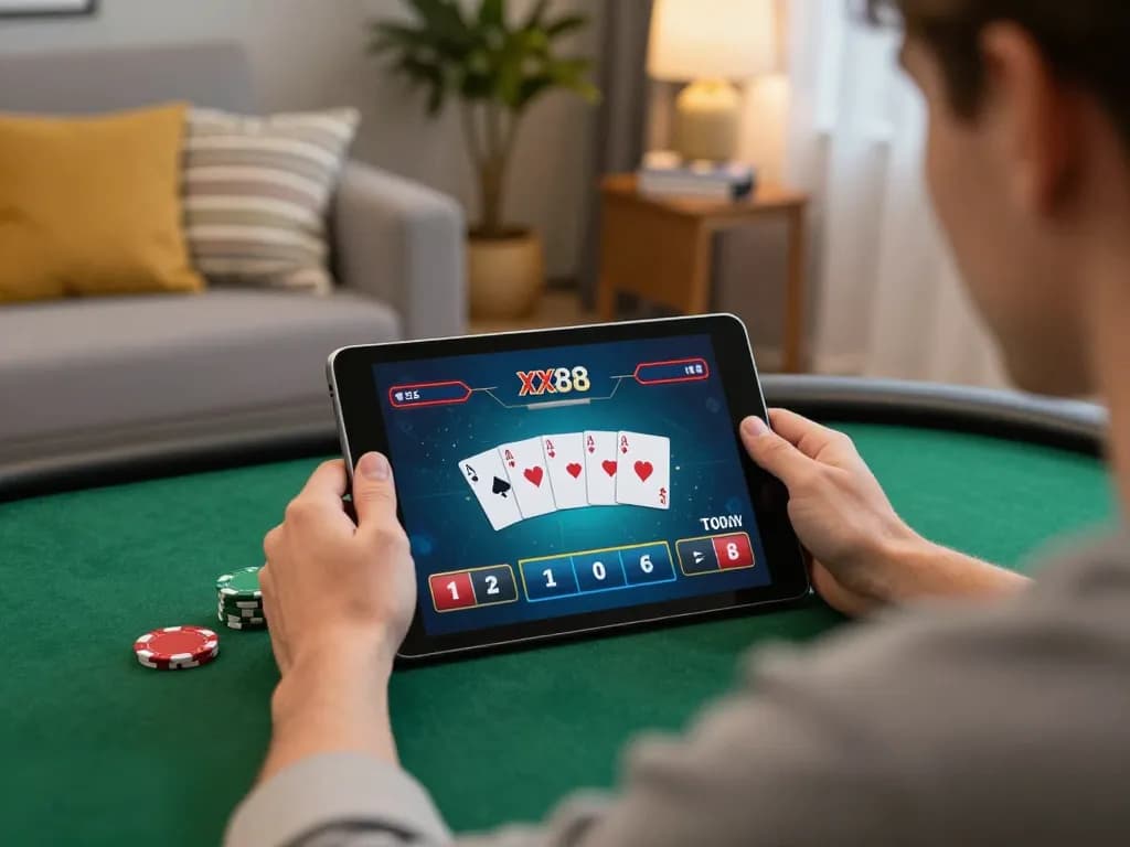 Player engaging in strategic poker game on XX88 website from tablet at home.