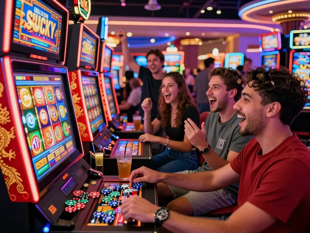Excited friends playing Lucky 88 slot machine in a vibrant casino atmosphere with colorful lights and decorations.