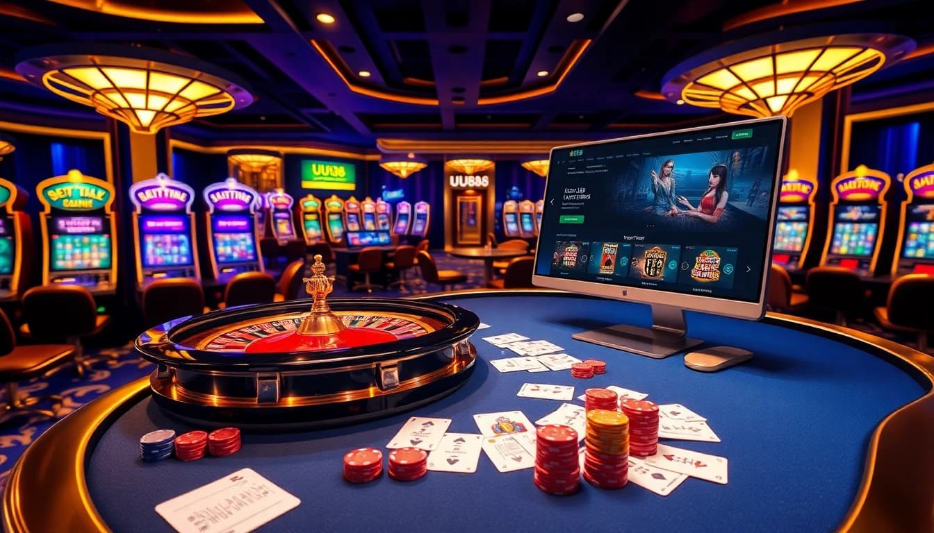 Experience a thrilling gaming atmosphere at UU88 casino with live dealer interactions and vibrant slot machines.