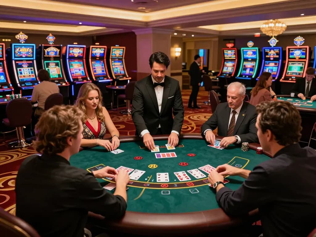 Luck8 players engaging intensely in a blackjack game at an upscale casino with a lively atmosphere.