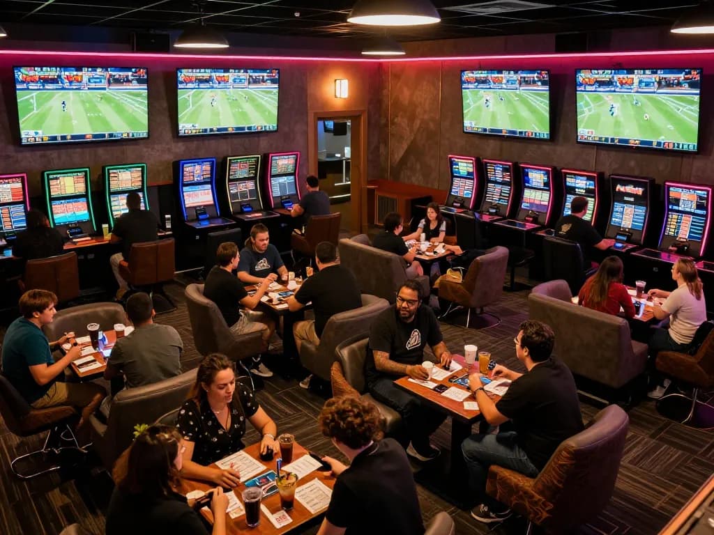 kèo nhà cái hôm nay displayed prominently in active sports betting lounge with fans cheering