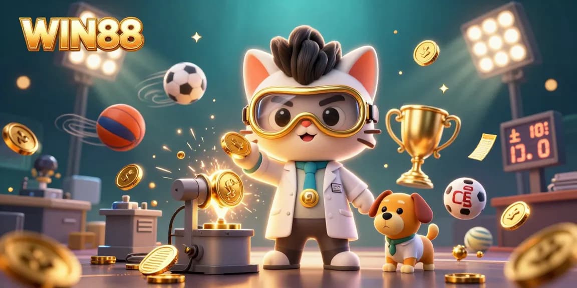 Win88's mad scientist cat creates winning strategies amid golden sports elements and lively casino atmosphere.