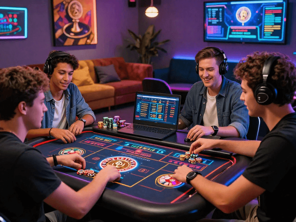 Friends enjoying an engaging crypto casino experience with digital games and vibrant atmosphere.