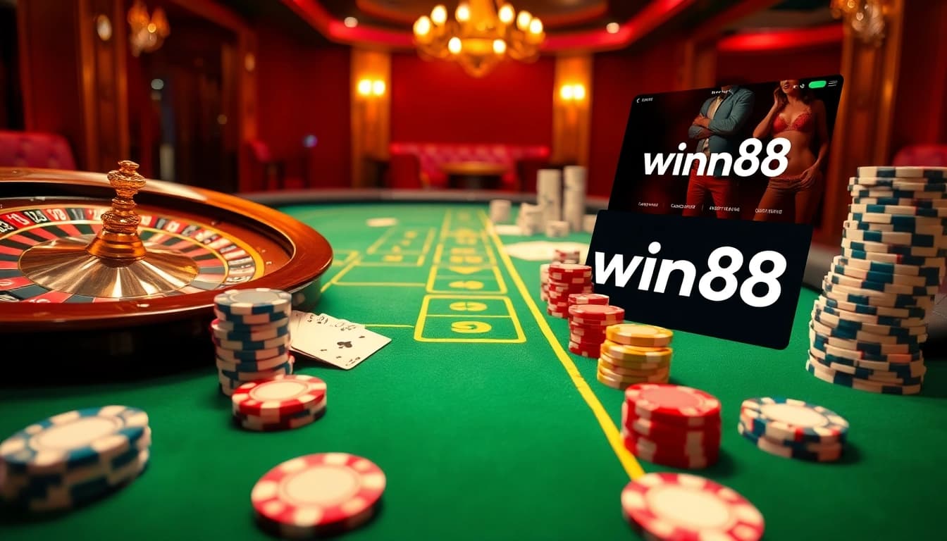Win88 players engaging at casino tables with vibrant roulette and poker setups.