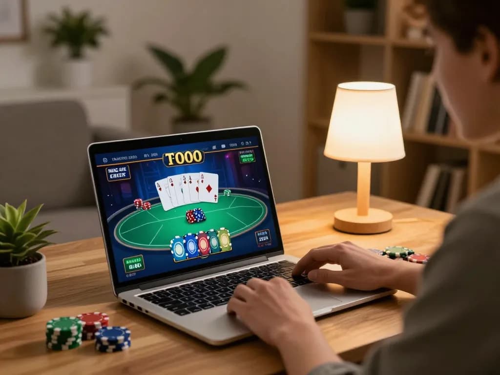 Engaging sample of abc8 players using a laptop for online poker gaming.