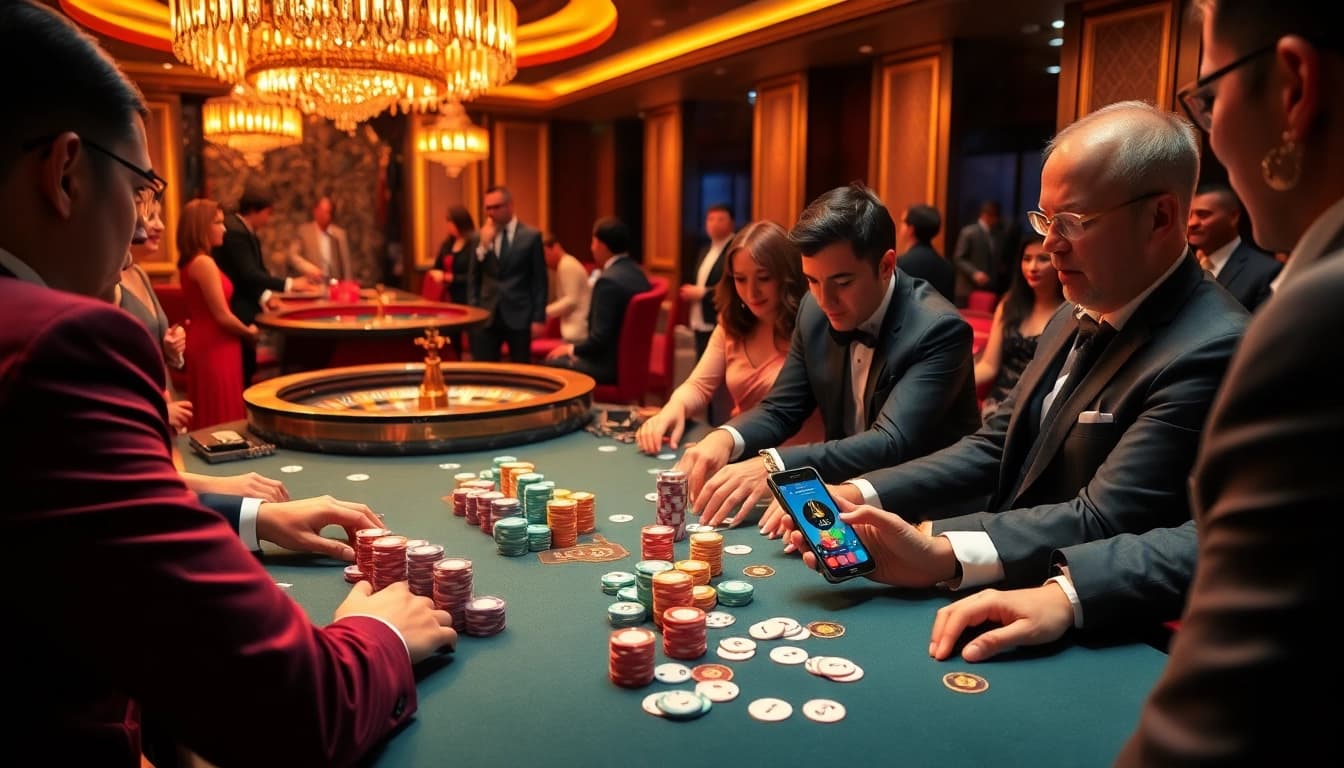 Exciting poker gameplay at a luxurious casino, showcasing nk88 app on a smartphone.