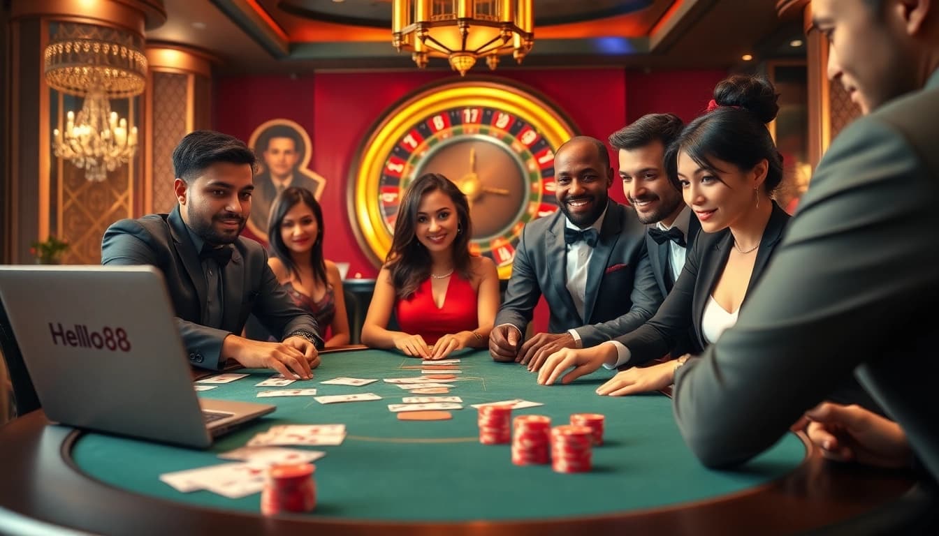 Engaged players enjoying a poker game at Hello88 casino, showcasing excitement and luxury.