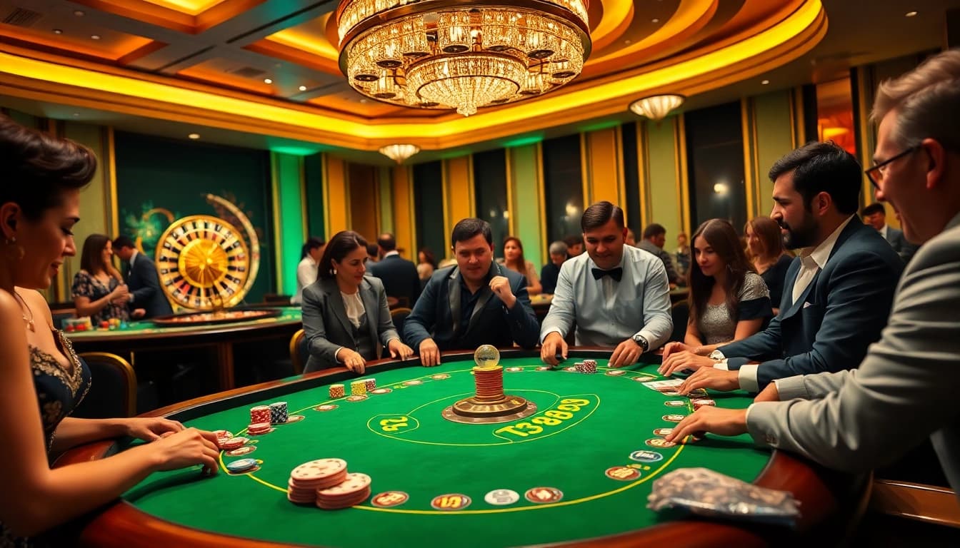 Players enjoying a thrilling TR88 casino game with vibrant chips and cards, highlighting excitement.