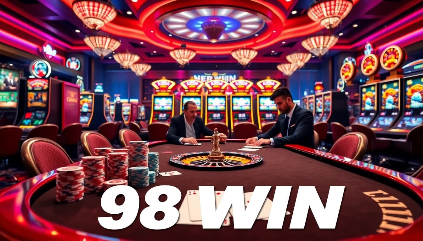Engage in thrilling poker action at 98win with colorful chips and professional players.