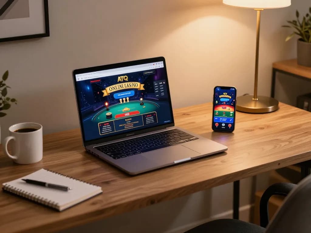 Engaging in online gaming at home with ATQ, featuring a laptop and smartphone in a cozy environment.