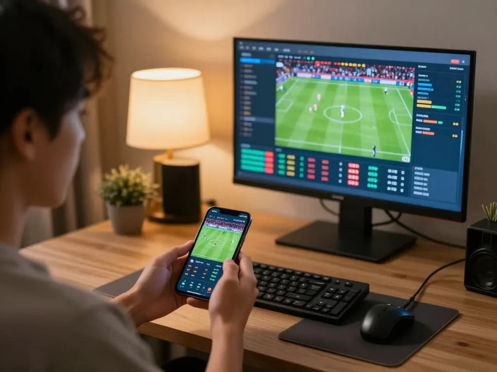 Person using sports betting app with live keobongda updates on smartphone in cozy home environment.