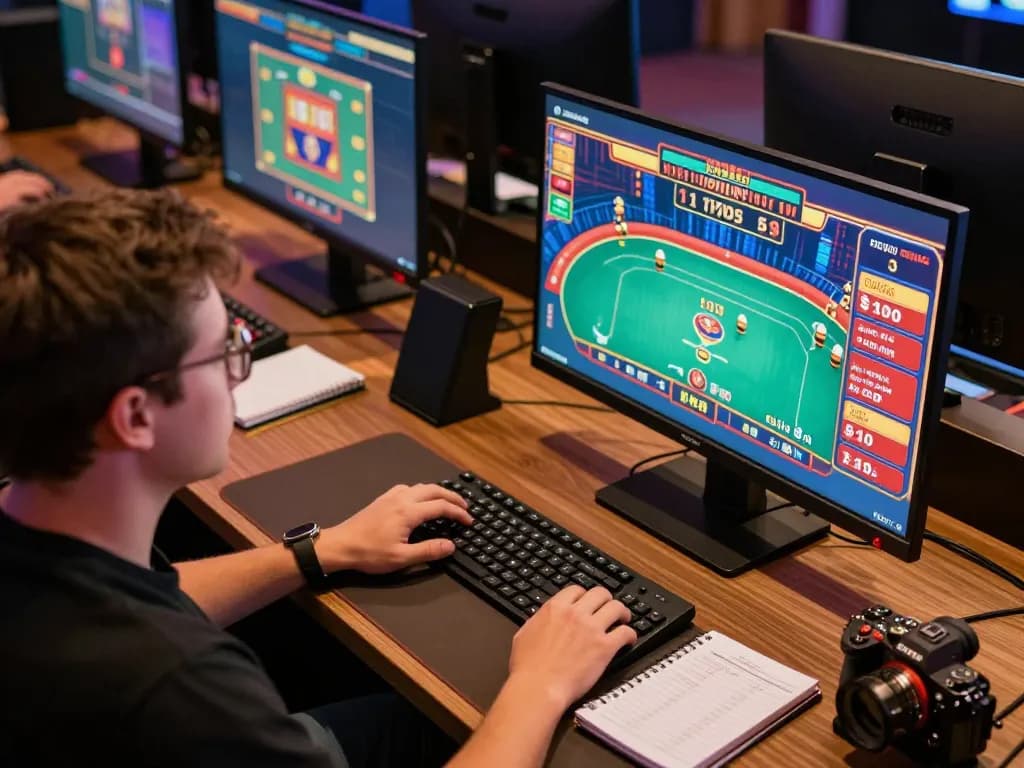 Experience intense gameplay at ee88go in a professional online gaming setup with multiple casino screens and a modern workspace.