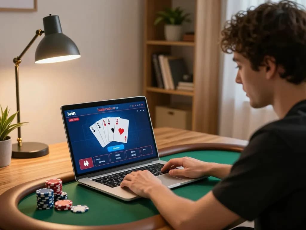 Player enjoying an online poker game on iwin's platform, capturing excitement and strategy in a cozy home setting