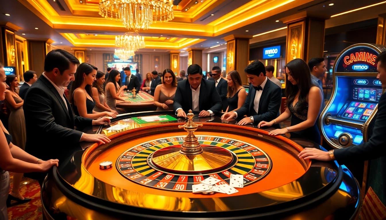 Engaged players enjoy thrilling moments at MMOO casino under vibrant lights with roulette and cards.