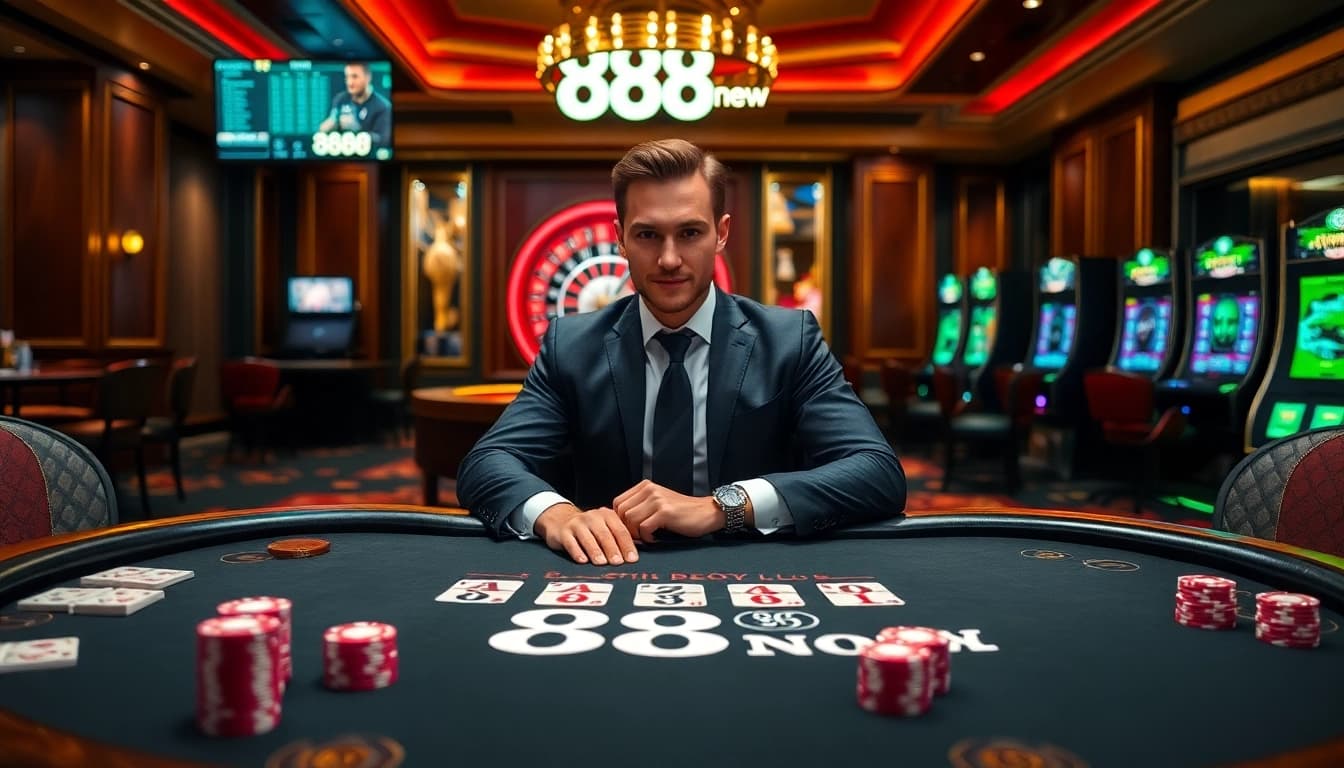 Engaging scene showcasing a blackjack table at 888new casino with players and vibrant gaming elements.